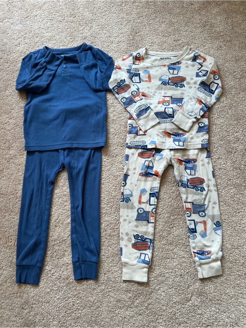 Old Navy Blue Solid Pajama Set & Cream Construction-Print Pajamas